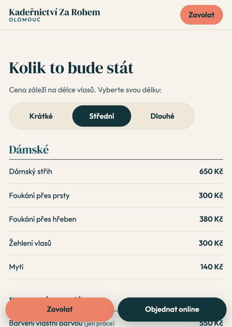 Ukázkový web kadeřnictví: ceník podle délky vlasů, čitelný na telefonu